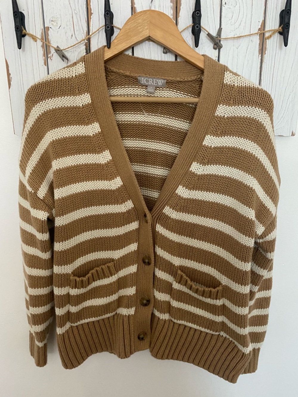 J. Crew Camel tan white striped V-Neck Button Cardigan size small 100% cotton